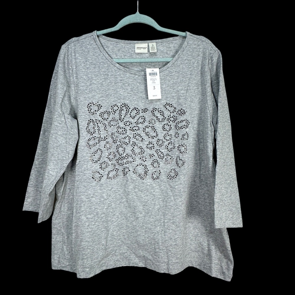Chicos Zenergy Faith Gray Embellished‎ Animal Print LS Tee Top 570159916 Size 3